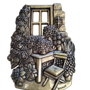 FENETRE + CHAISE + FLEURS  14 x 11 cm